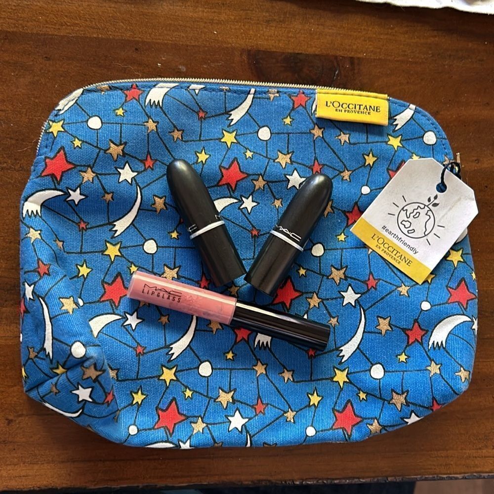 Mac 2 mini lipsticks and 1 lipglass l’Occitane new cosmetic bag
